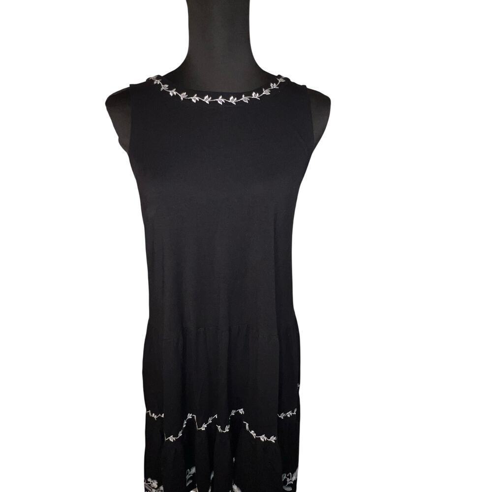 Loft women’s sz XS embroidered tie neck‎ tiered ruffle swing midi goth sundress